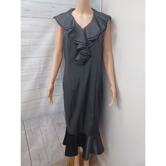 Massi Black Mermaid Dress Sleeveless Sz 12 Ruffles Satin - Picture 1 of 9